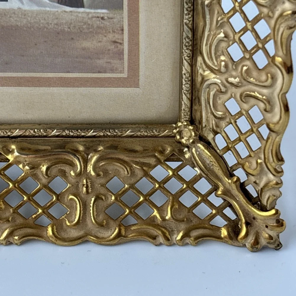 Vintage Picture Frame Gold Tone Filigree Whitewashed Enamel Decorel Co. 5x7